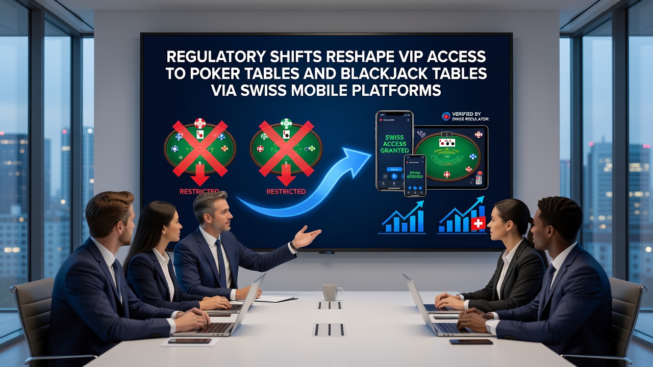 Mobile poker interface on a Swiss platform showing VIP table options and compliance notifications