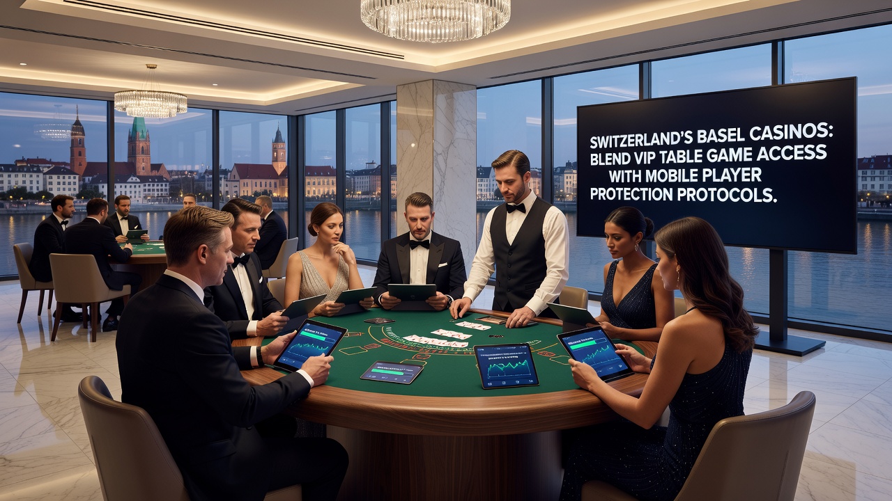 Close-up of mobile device displaying casino protection dashboard alongside a Basel VIP gaming table